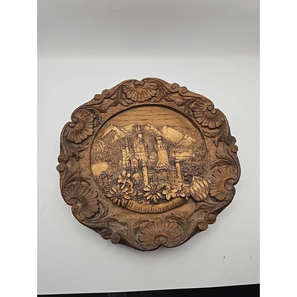 Carved Wooden Neuschwanstein Castle German Collector Plate Wall Hanging Bavaria
